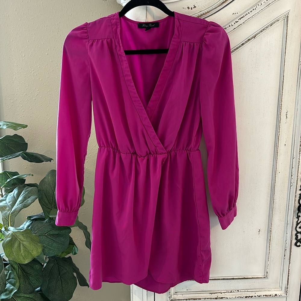 Honey Punch Solid Pink Long Sleeve Faux Wrap Dress Sz Small